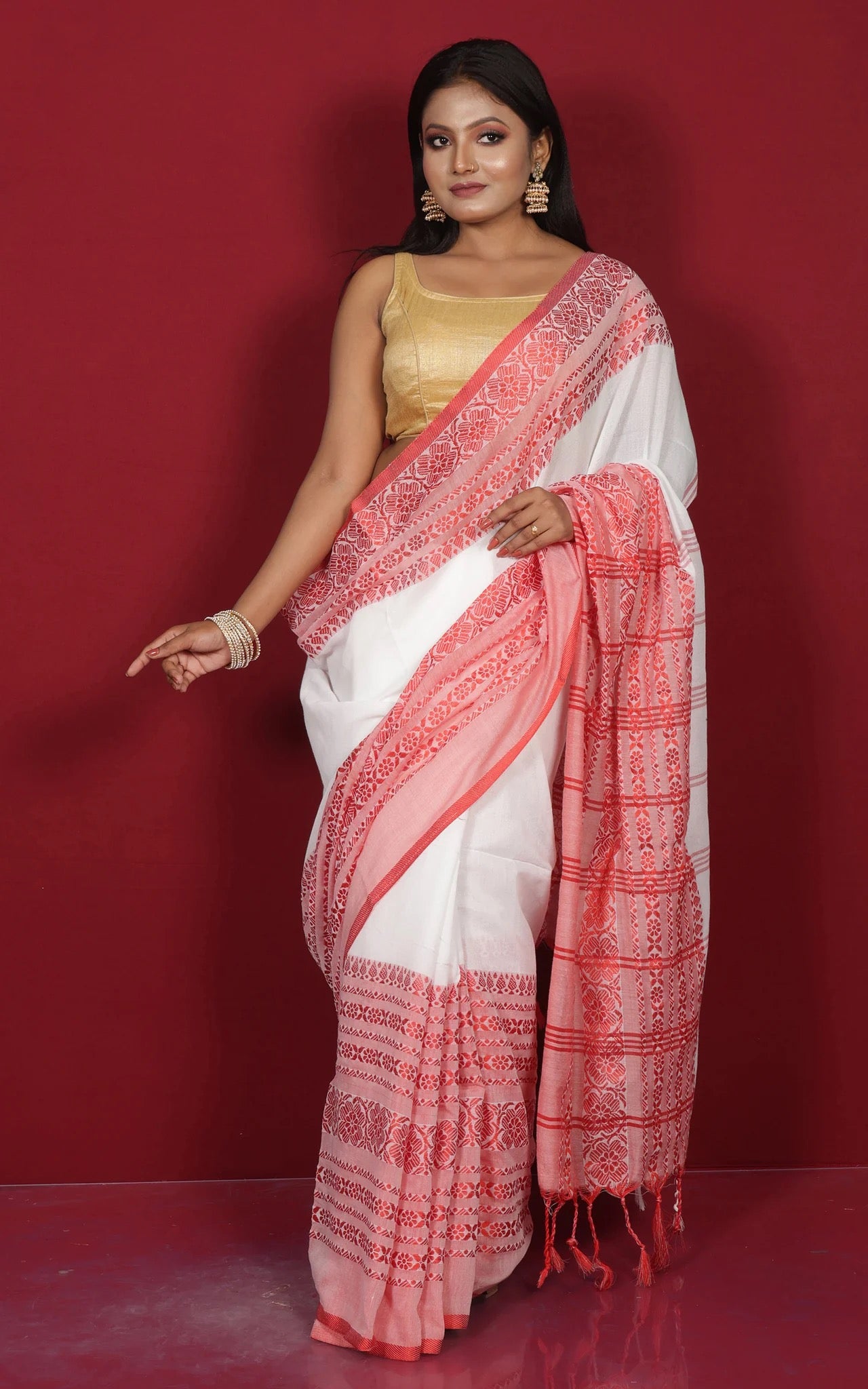 White and Red Soft Cotton Saree - Bengali Saree Collection.