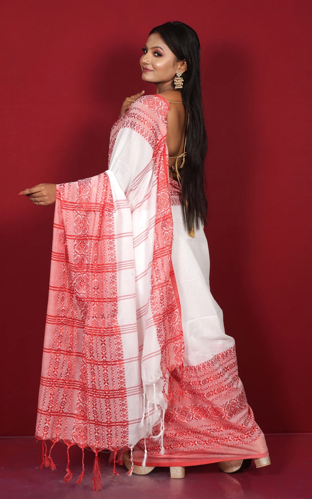 White and Red Soft Cotton Saree - Bengali Saree Collection.