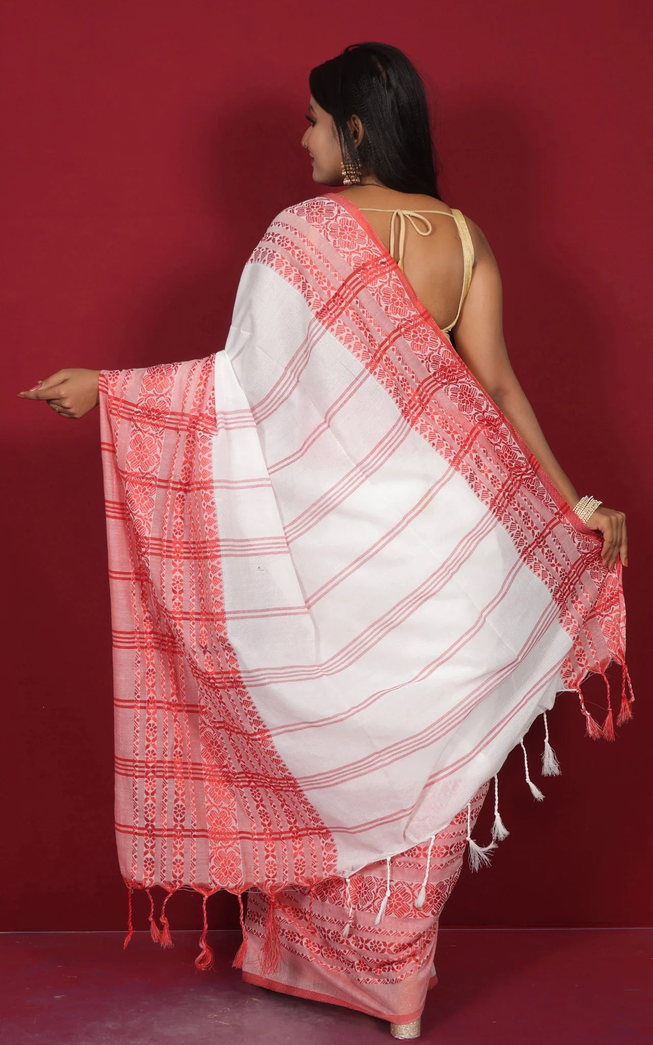 White and Red Soft Cotton Saree - Bengali Saree Collection.