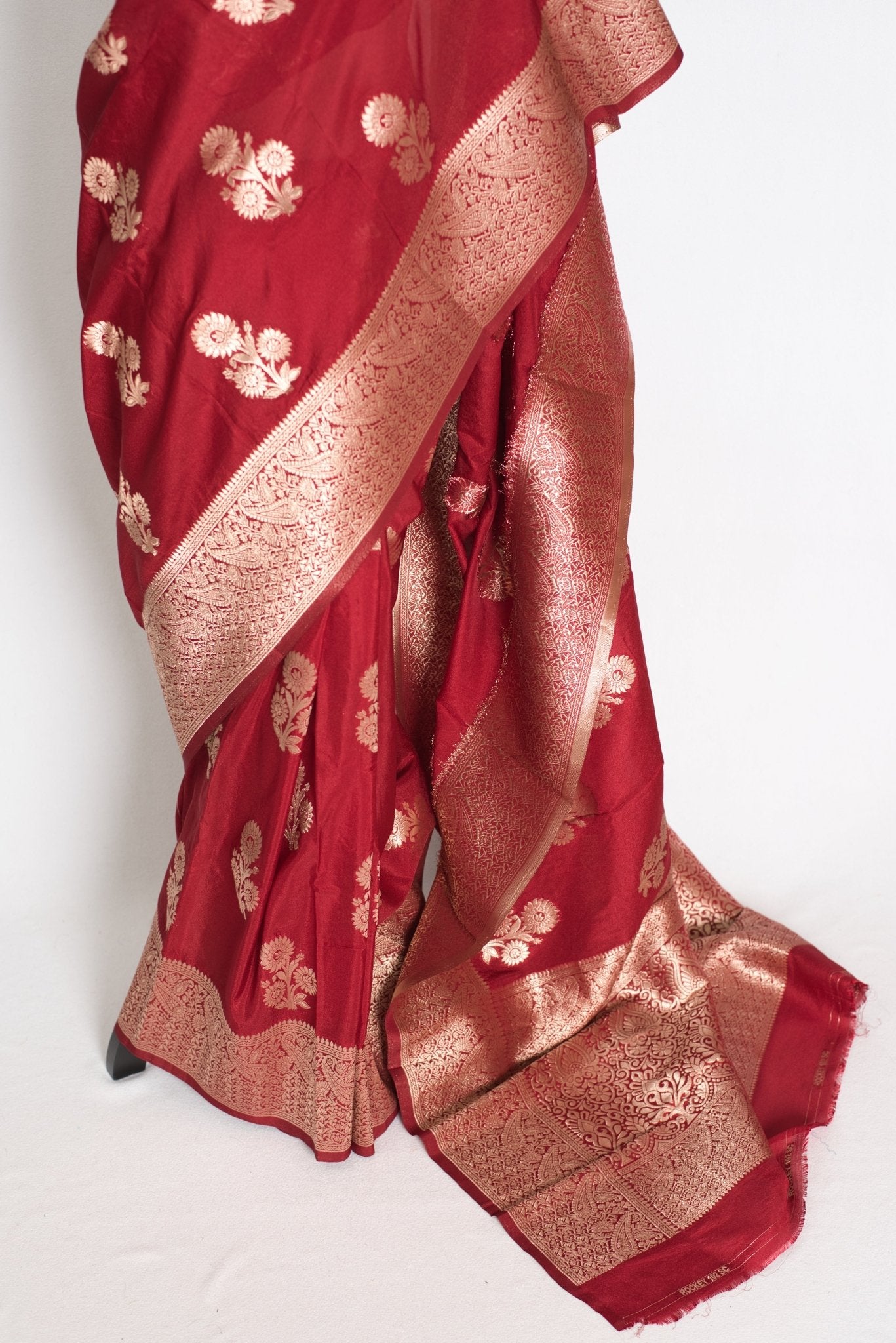 Lakshmi : Dark Red Semi Crepe Banarasi Saree with Water Gold Zari - Saree Mandi