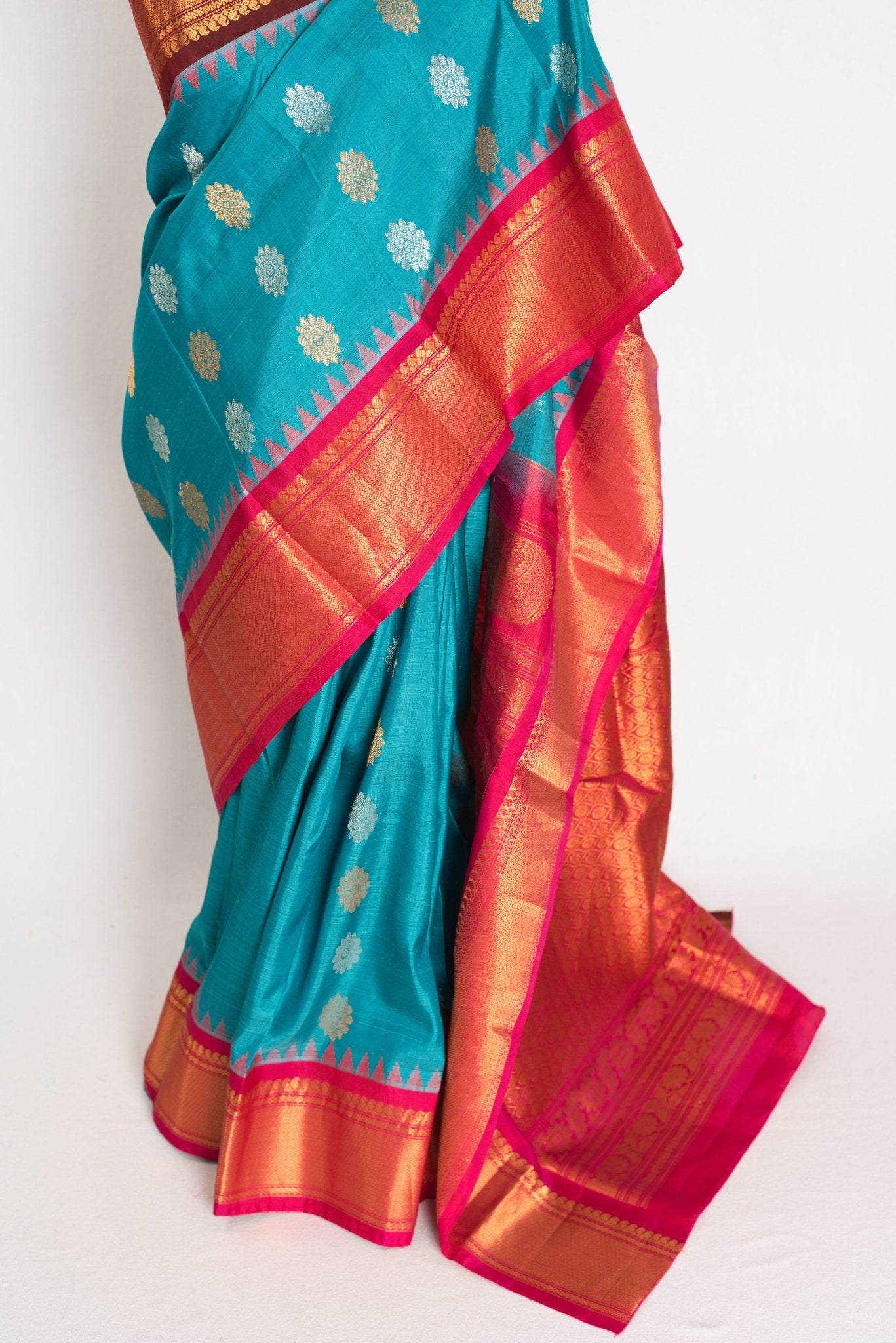 Leena: Cerulean Blue Ganga Jamuna Gadwal Silk Saree with Brown & Pink Border - Saree Mandi