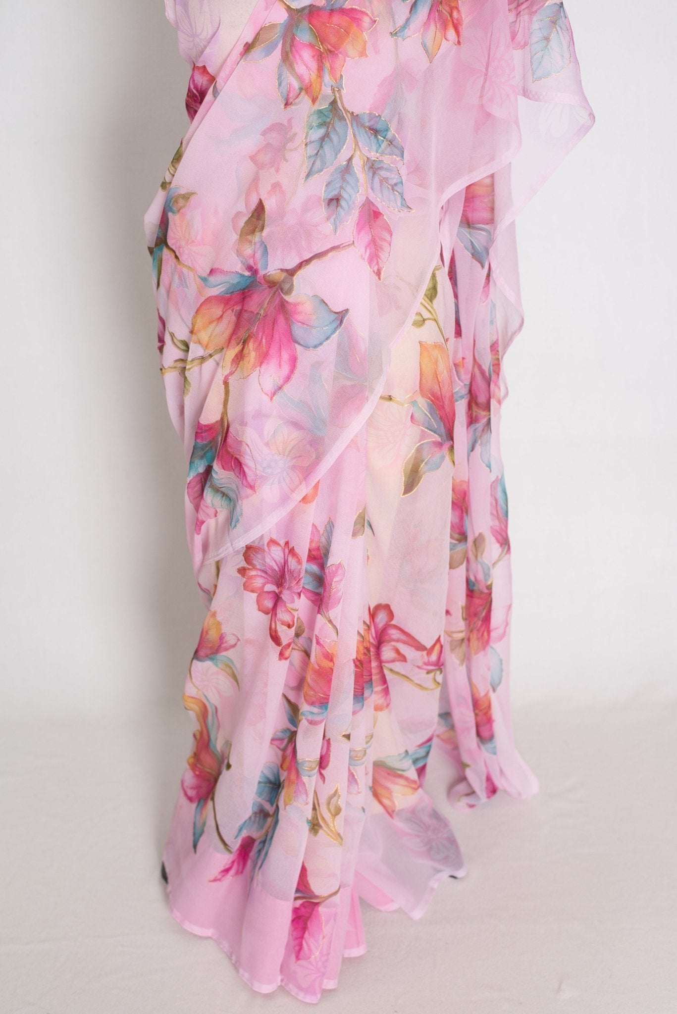 Lia : Pink Floral Printed Chiffon Saree – Budget-Friendly Summer Drape - Saree Mandi
