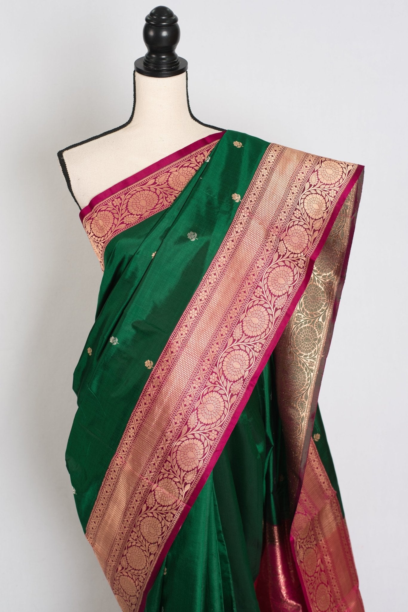 Mahi : Silk Mark Certified Katan Banarasi Saree in Green and Magenta - Saree Mandi