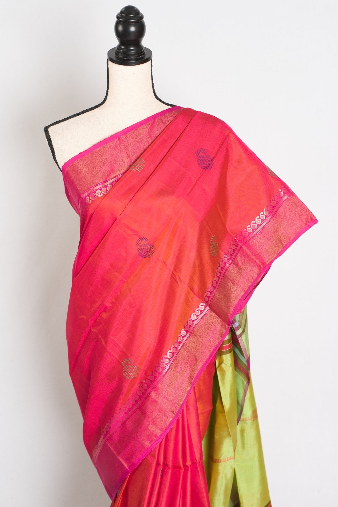 Malini : Bishnupur Katan Silk Saree in Peach Orange and Green - Saree Mandi
