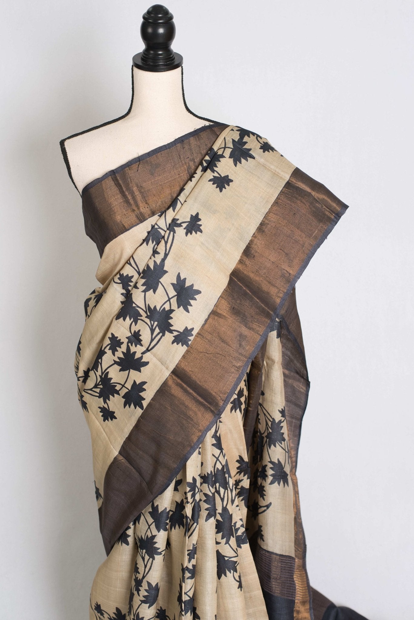 Mira : Printed Tussar Silk Saree in Cream and Black - Saree Mandi