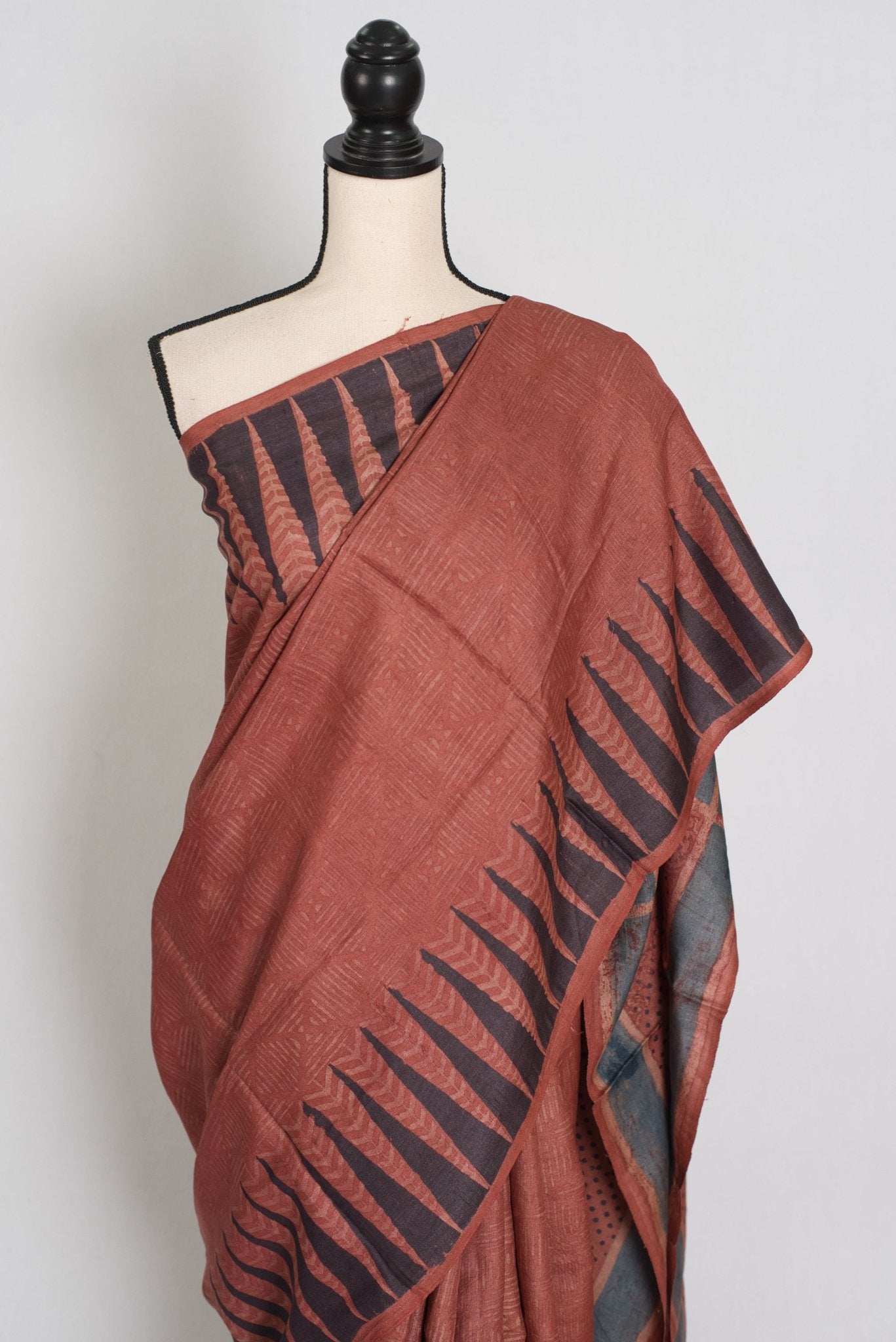 Mitra | Rust & Black Silk Mark Tussar Ajrakh Hand Block Print Saree - Saree Mandi