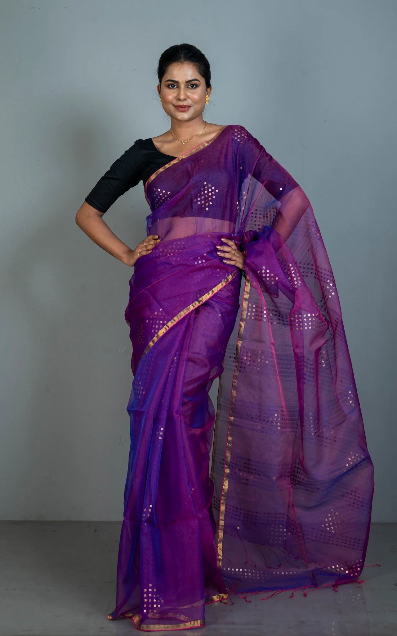 Sitara Work Muslin Saree in Purple - Bengali Saree Collection.