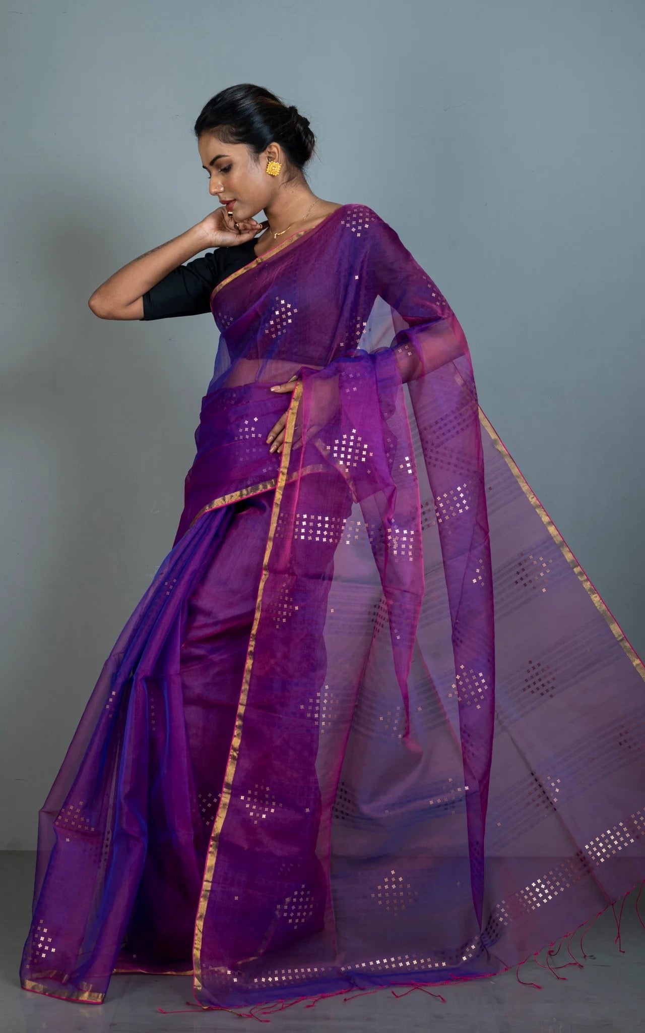 Sitara Work Muslin Saree in Purple - Bengali Saree Collection.