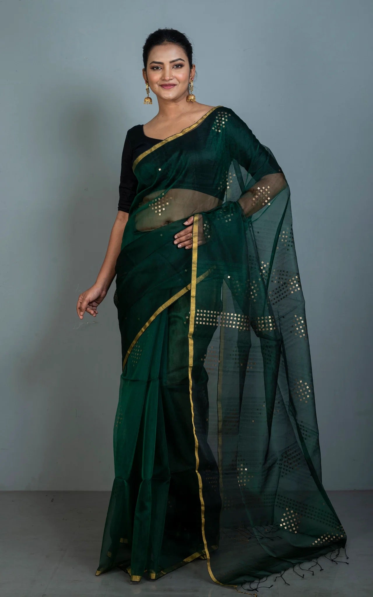 Sitara Work Muslin Saree in Bottle Green - Bengali Saree Collection.