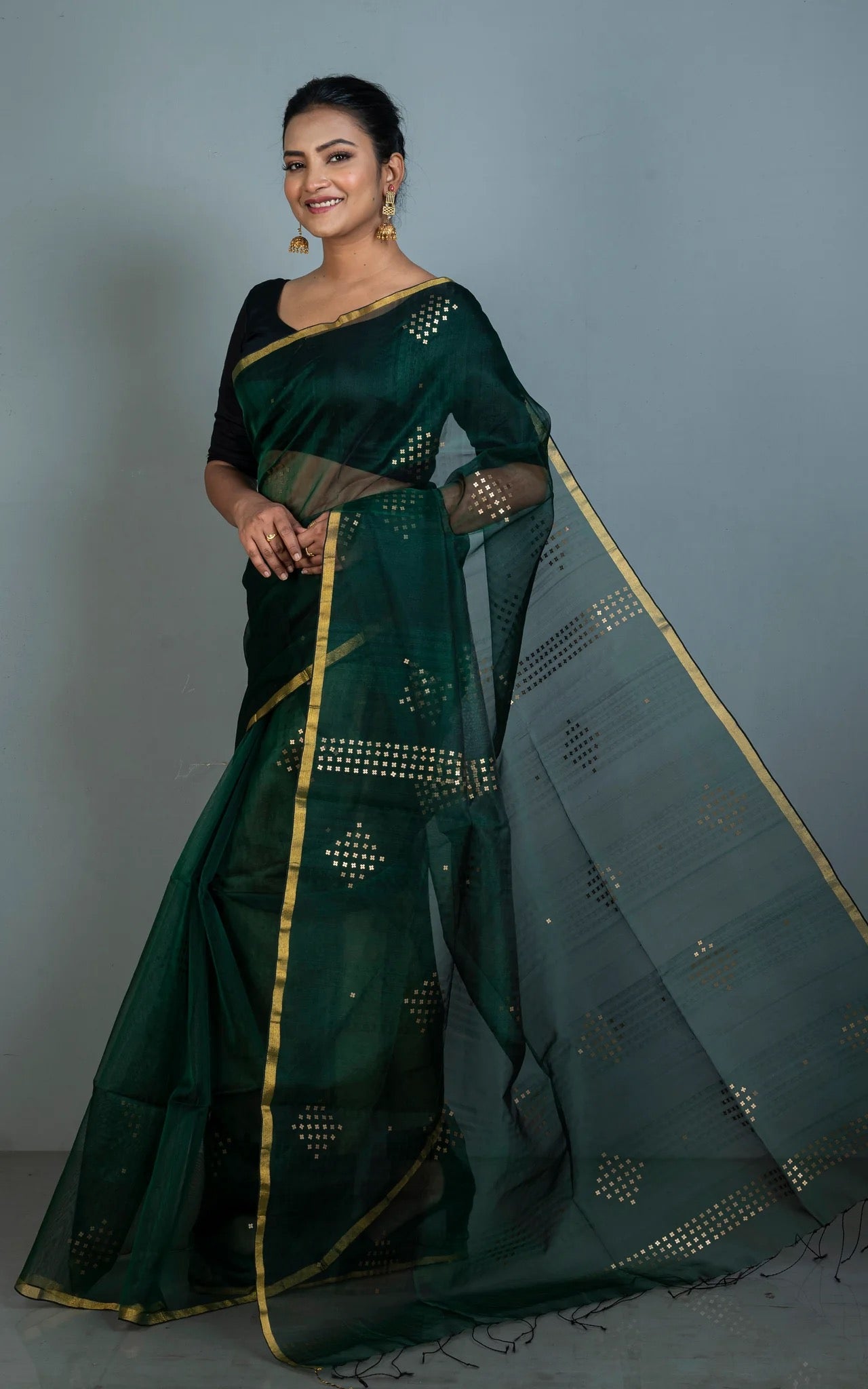 Sitara Work Muslin Saree in Bottle Green - Bengali Saree Collection.