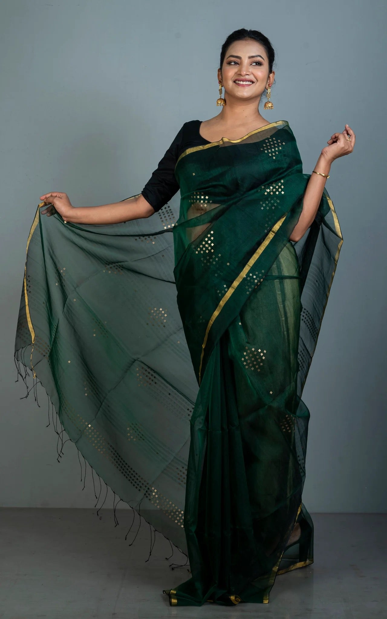 Sitara Work Muslin Saree in Bottle Green - Bengali Saree Collection.