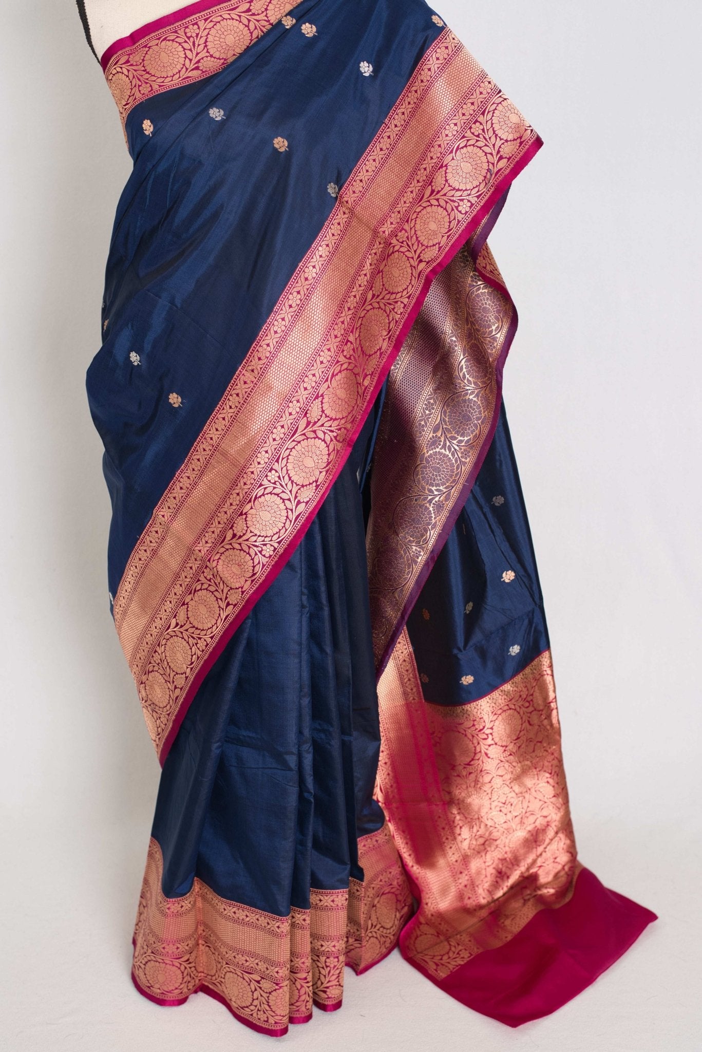 Nalini : Certified Silk Banarasi Saree in Dark Blue with Silver and Golden Motif - Saree Mandi