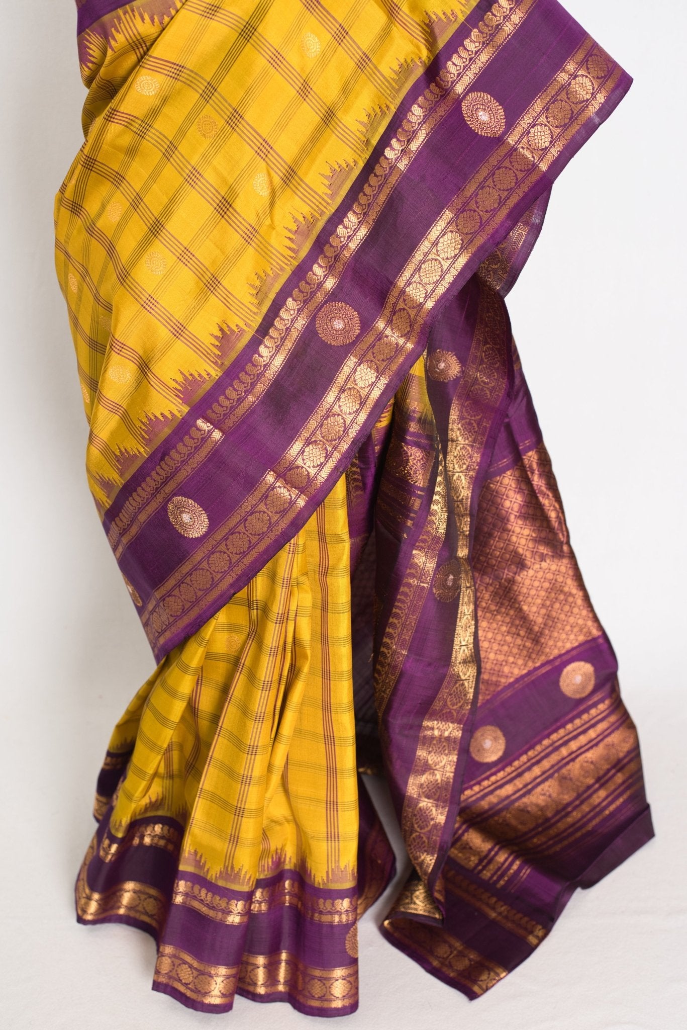 Nandini: Yellow and Purple Checks Handwoven Gadwal Silk Saree with Golden Zari - Saree Mandi