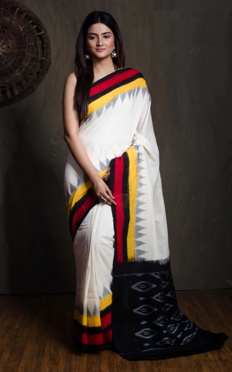 Soft Cotton Ikkat Pochampally Saree in Off White and Black.