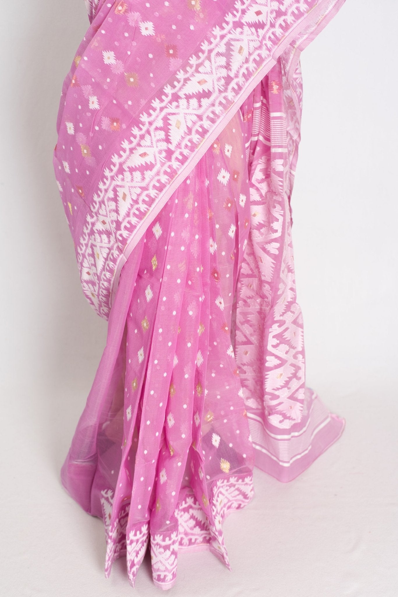 Pritha : Blended Soft Cotton Jamdani Bengali Saree in Pink and White - Saree Mandi