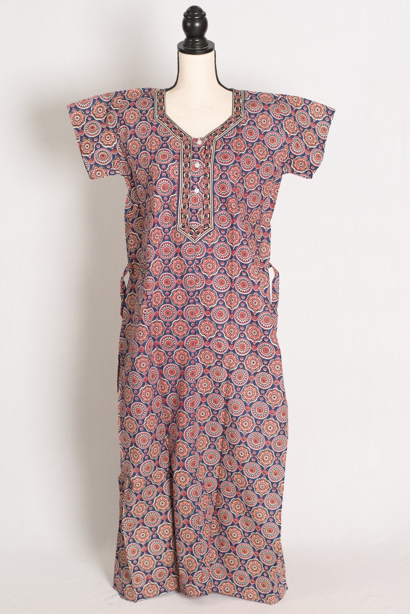Pure Cotton Greyish Blue Kalamkari Printed Long Nighty in Regular Size - Saree Mandi
