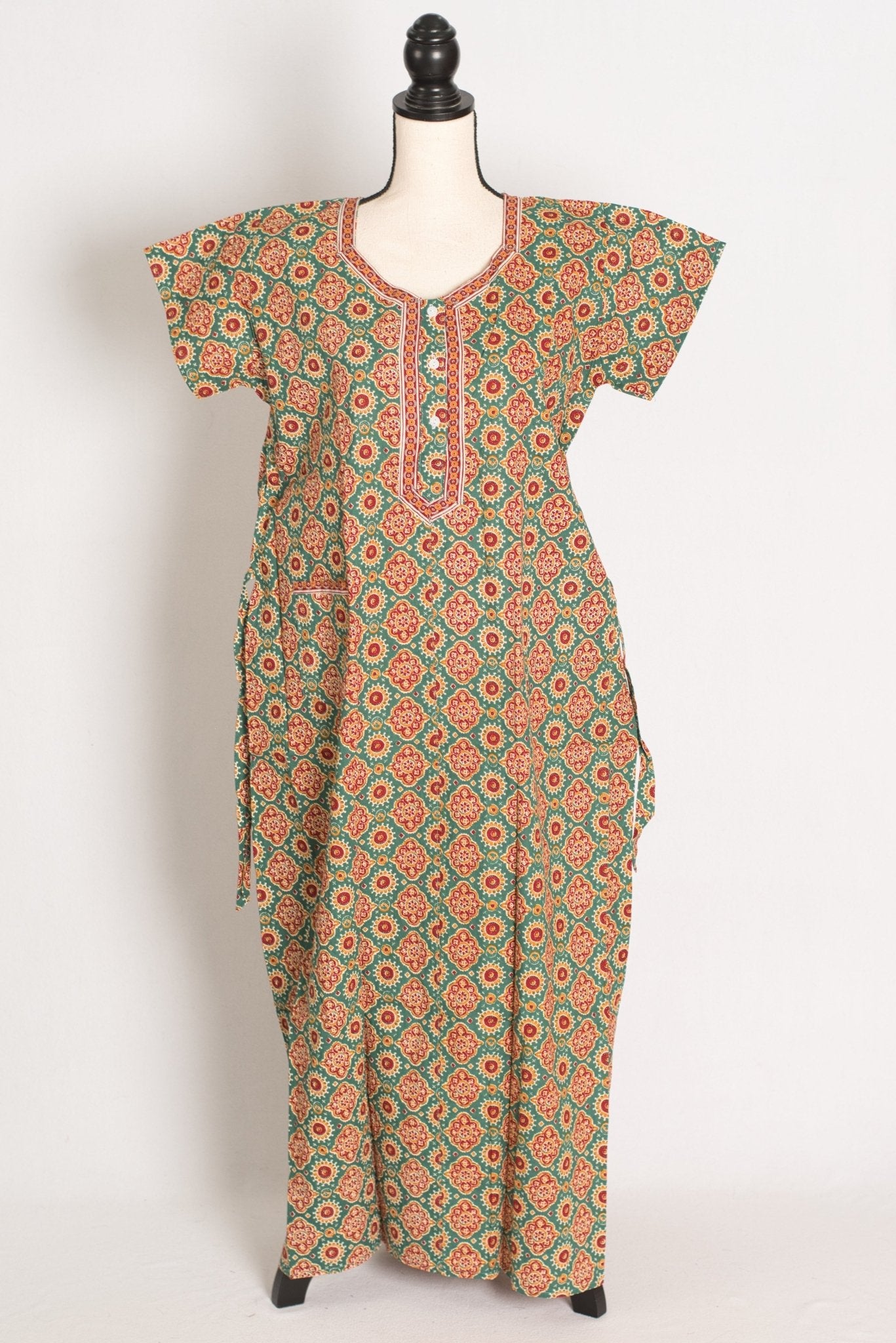 Pure Cotton Sea Green Kalamkari Printed Long Nighty in Regular Size - Saree Mandi