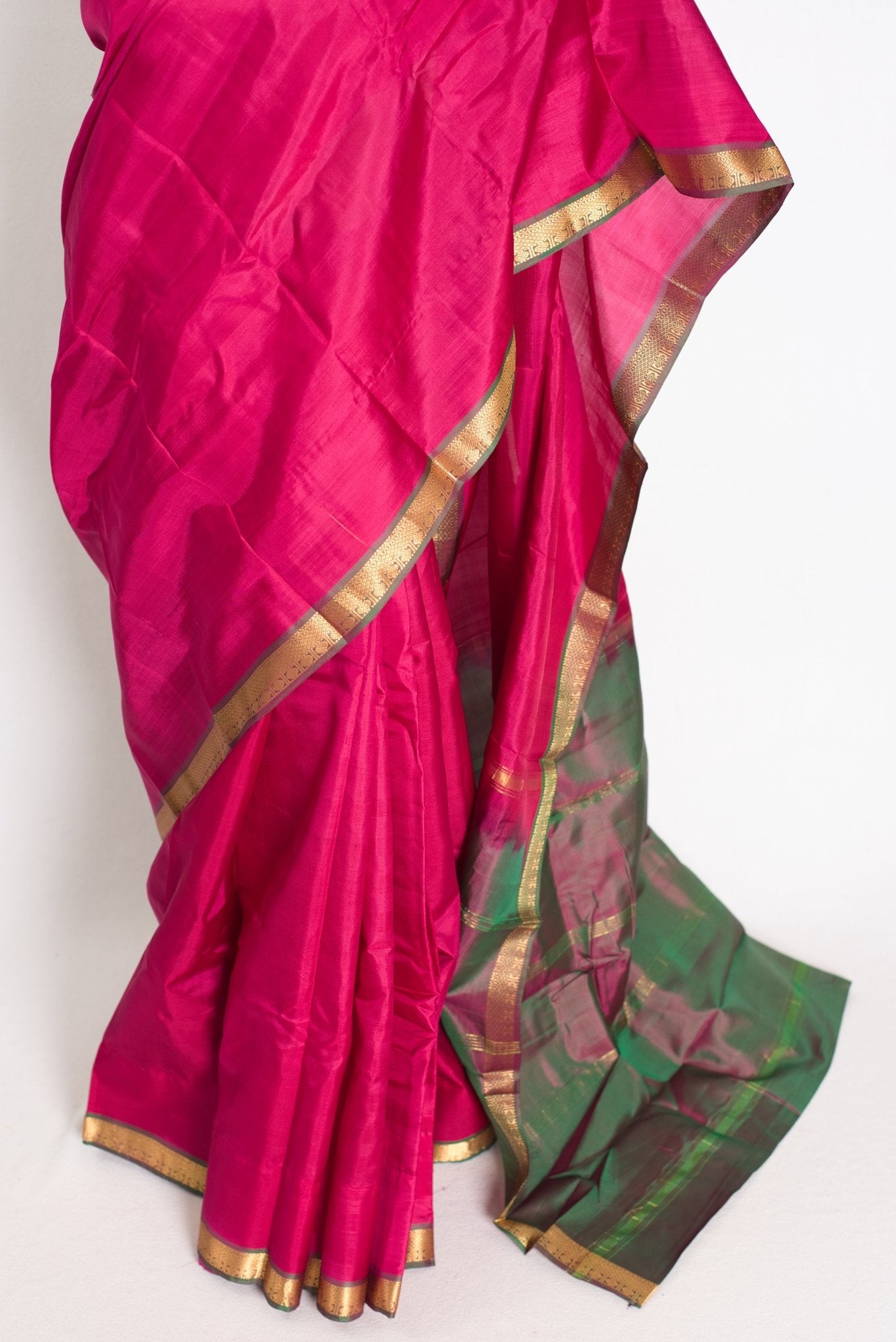 Rita : Rani Pink and Green Kanjivaram Silk Saree with Small Golden Border - Saree Mandi