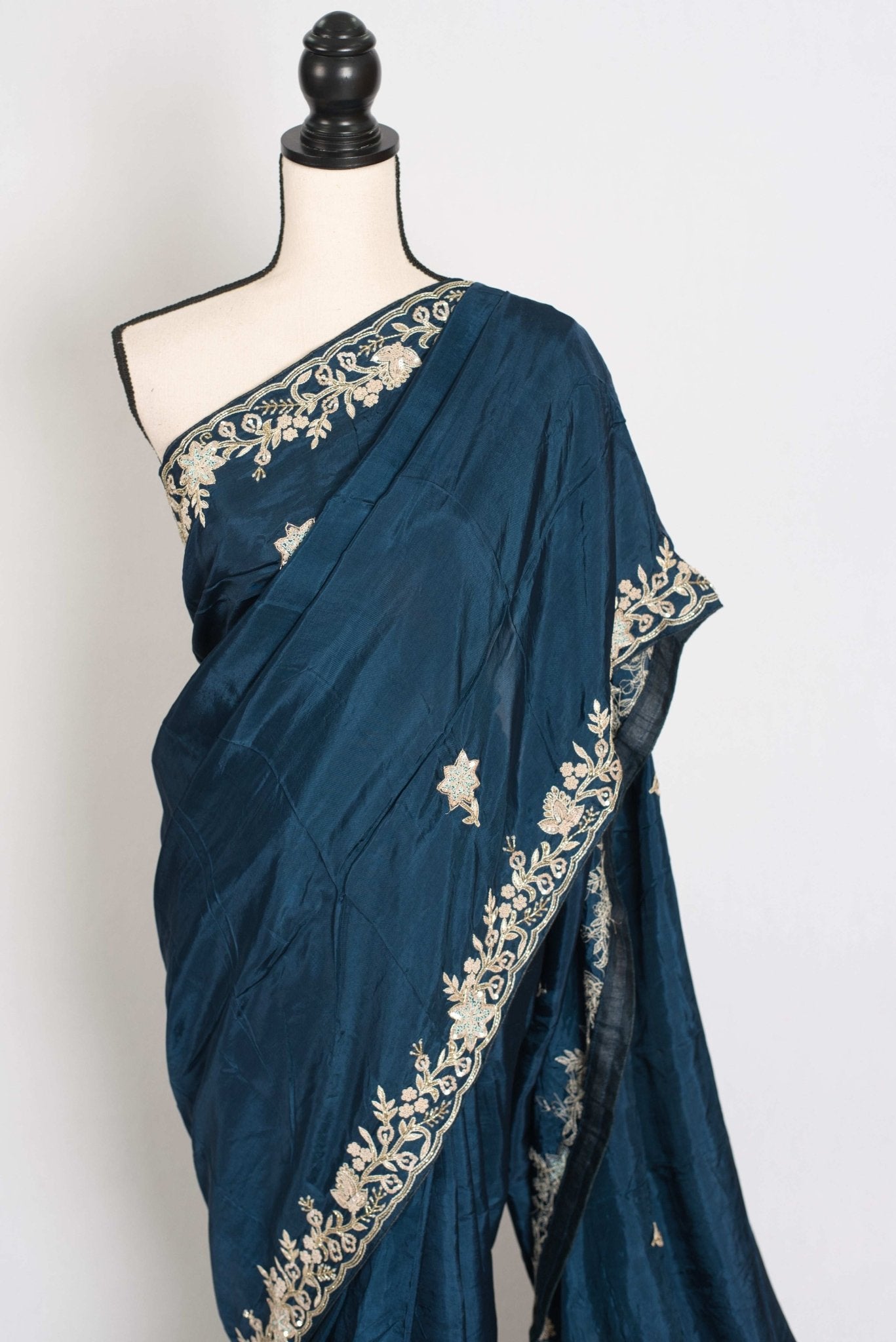 Samaira : Hand Zardosi Embroidery Blue Satin Silk Partywear Saree - Saree Mandi