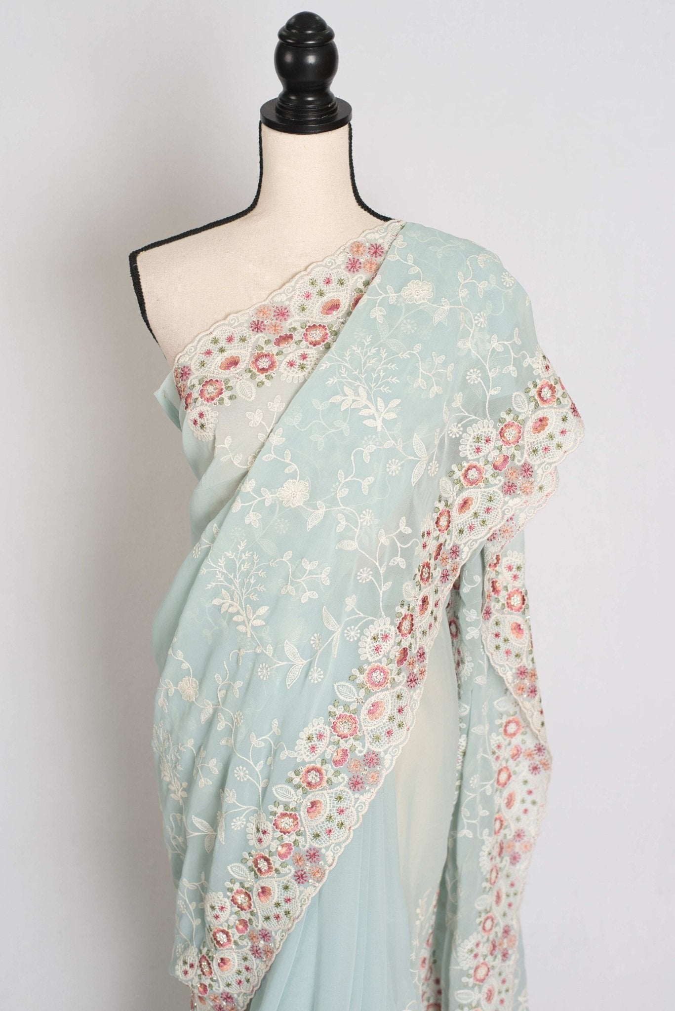 Siya : Cloud Gray Designer Georgette Embroidery Saree - Saree Mandi