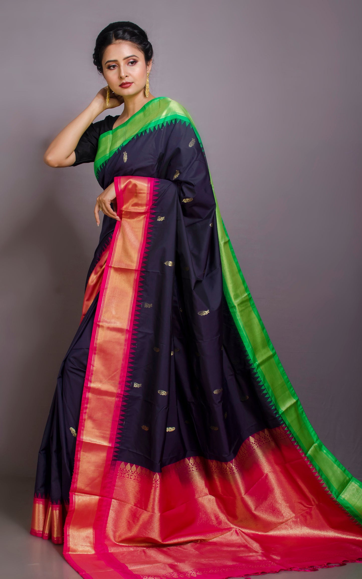 Blended Gadwal Silk Saree in Black, Hot Pink and Spring Green