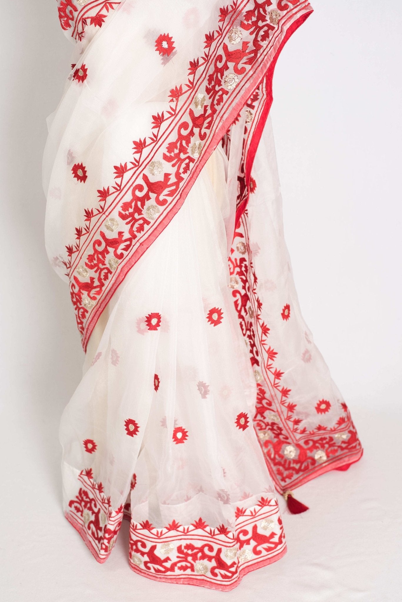 Subha : White and Red Semi Organza Embroidery Designer Saree - Saree Mandi