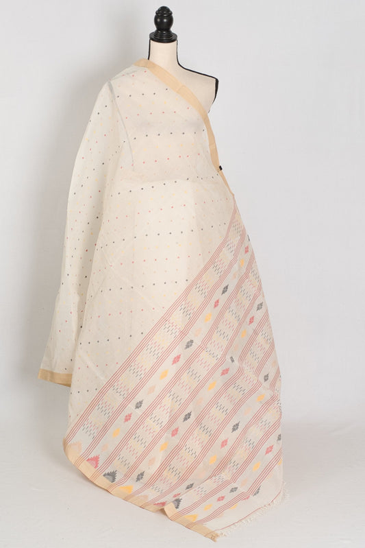 Swarna: Off - White Bengal Handloom Cotton Jamdani Saree with Multi - Color Buti - Saree Mandi
