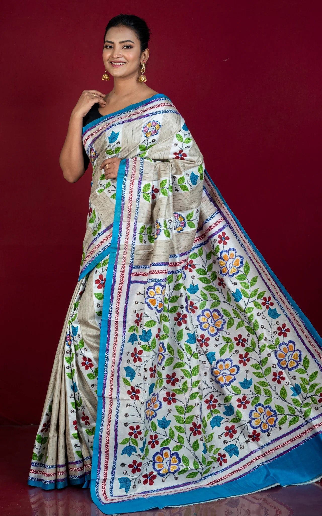 Hand Painted and Hand Embroidery Tussar Kantha Saree - Bengali Saree.