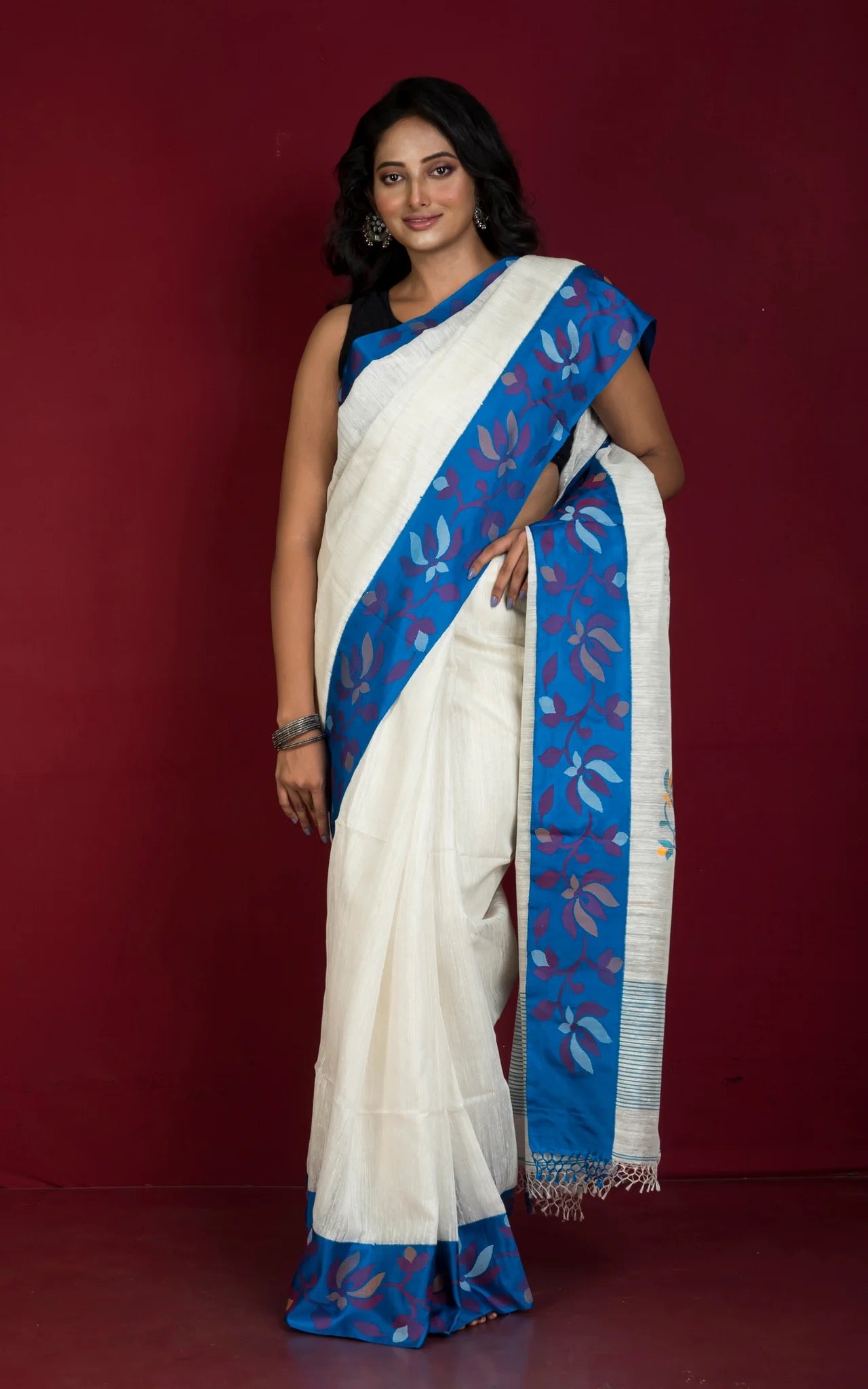 Matka Tussar Jamdani Silk Saree - Premium Bengal Collection.