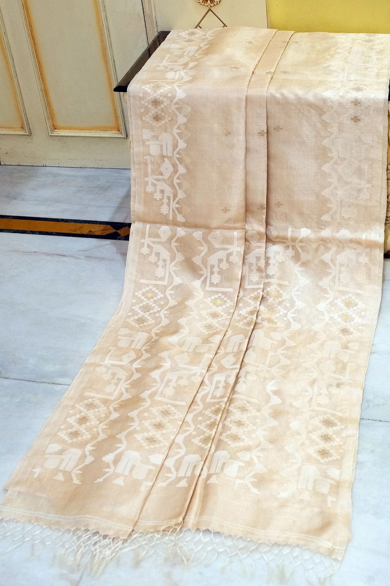 Premium Quality Tussar Silk Jamdani Saree in Beige - Jamdani Collection.