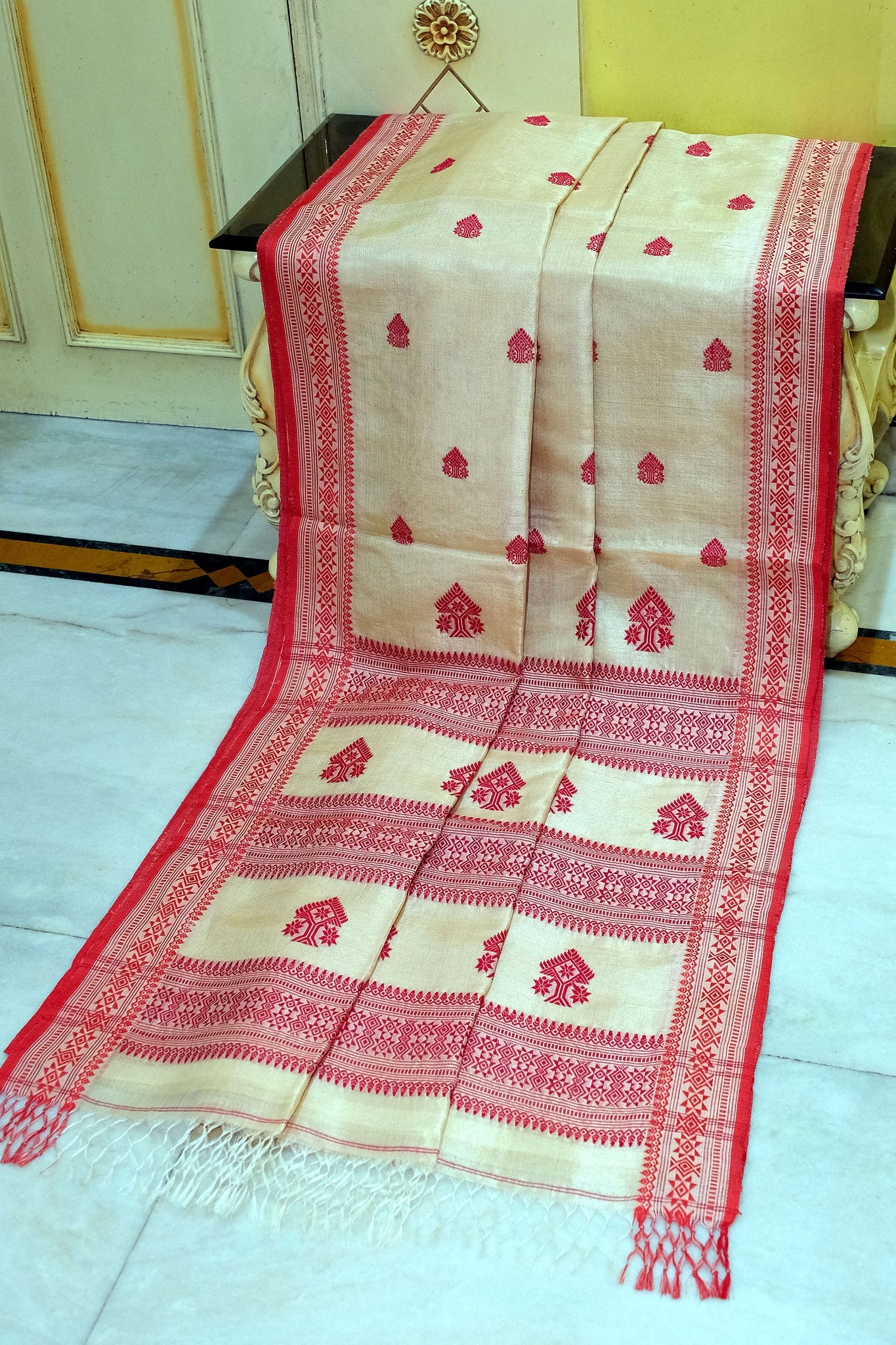 Assam-Inspired Bengal tussar Silk Saree in Beige and Red - Traditional Saree.