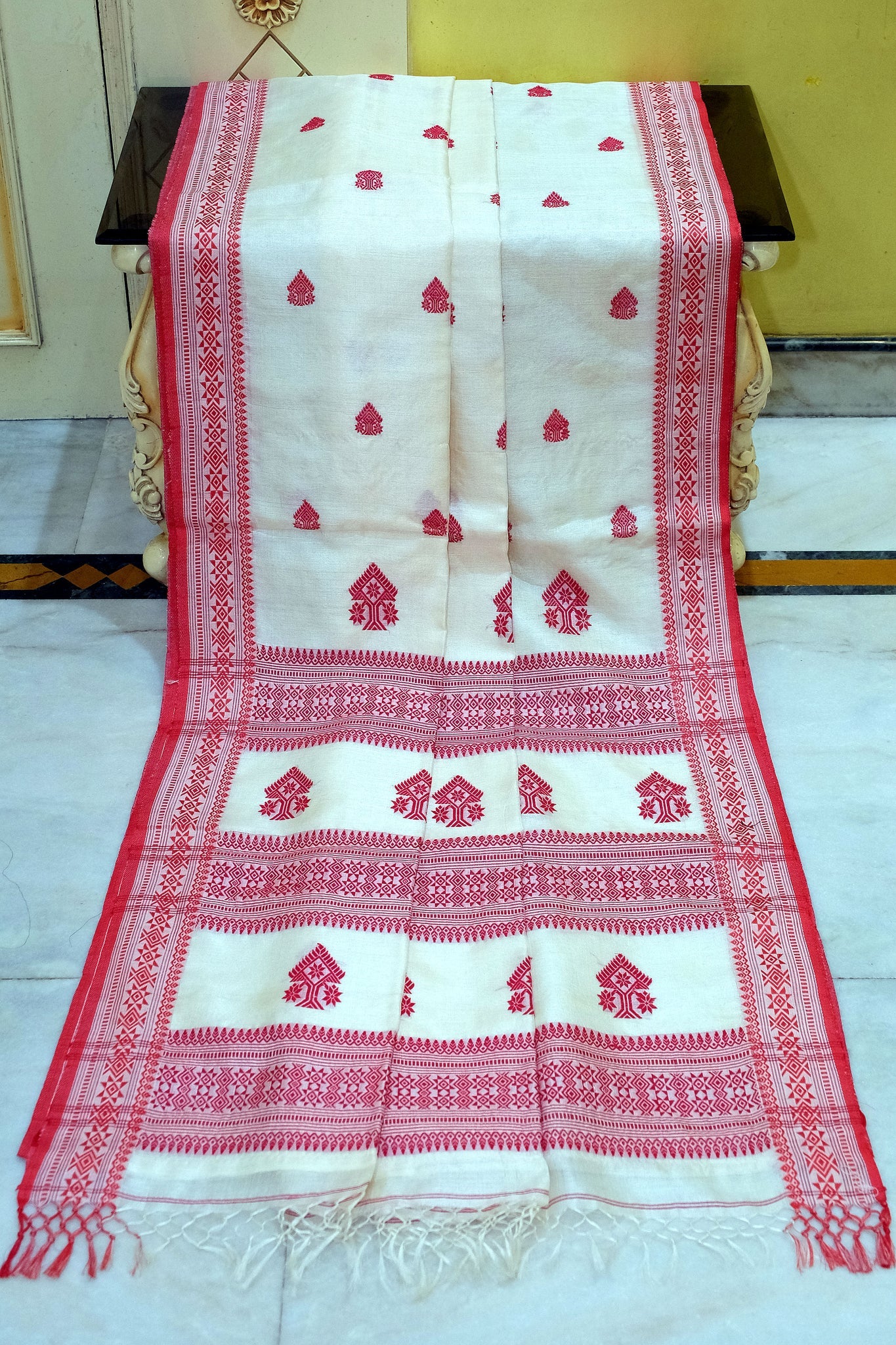 Assam-Inspired Bengal tussar Silk Saree in Off White and Red - Traditional Saree.