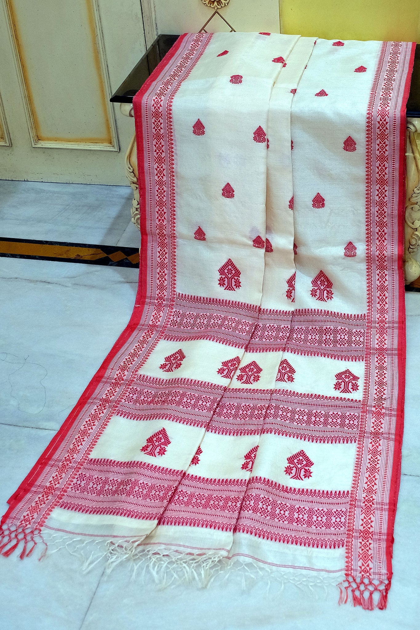 Assam-Inspired Bengal tussar Silk Saree in Off White and Red - Traditional Saree.
