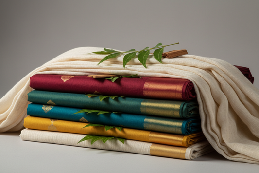 Folded silk sarees stacked for storage – Saree Mandi care guide.