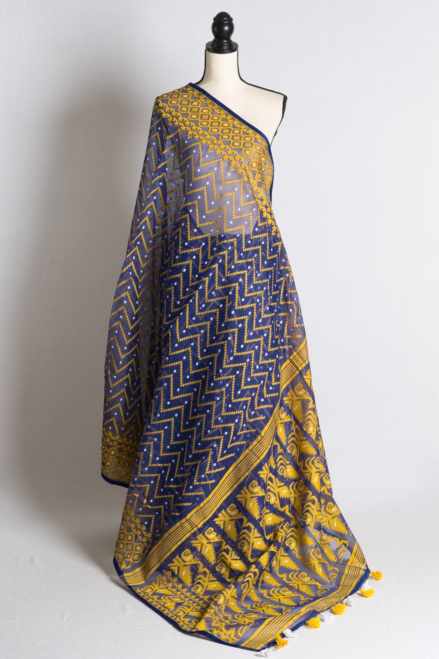 Soft Jamdani Saree in Blue, Yellow and White image 1