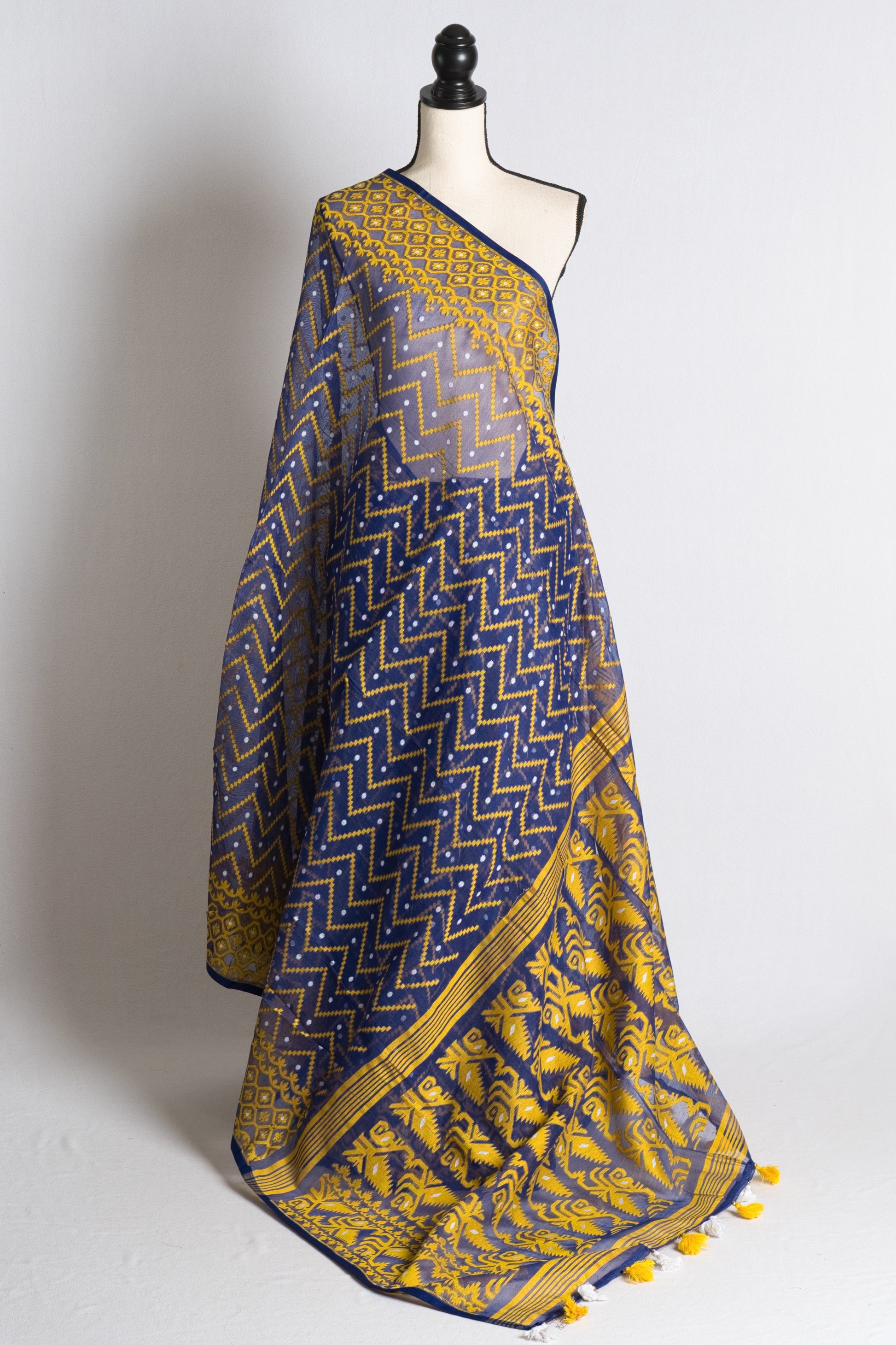 Soft Jamdani Saree in Blue, Yellow and White image 1