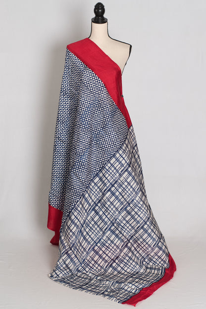 Arundhuti : Blue and Red Contemporary Hand Block Printed Murshidabad Silk Saree image 1