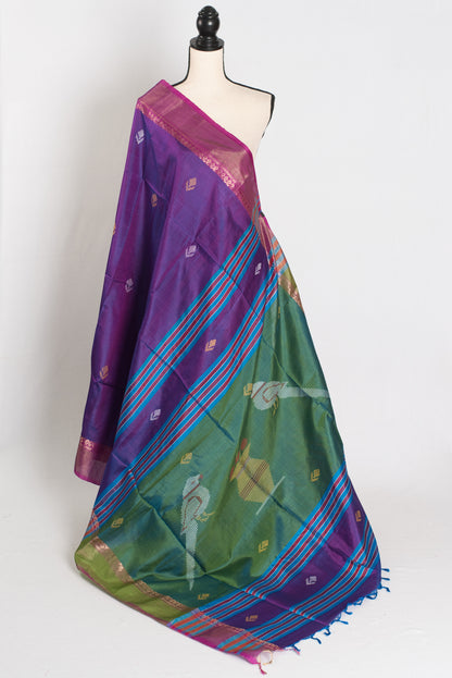 Bani : Lightweight Bishnupur Katan Silk Saree in Purple and Green image 1
