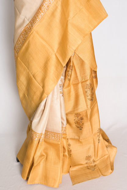 Trisha : Cream and Mustard Yellow Hand Block Printed Pure Tussar Silk Saree image 5
