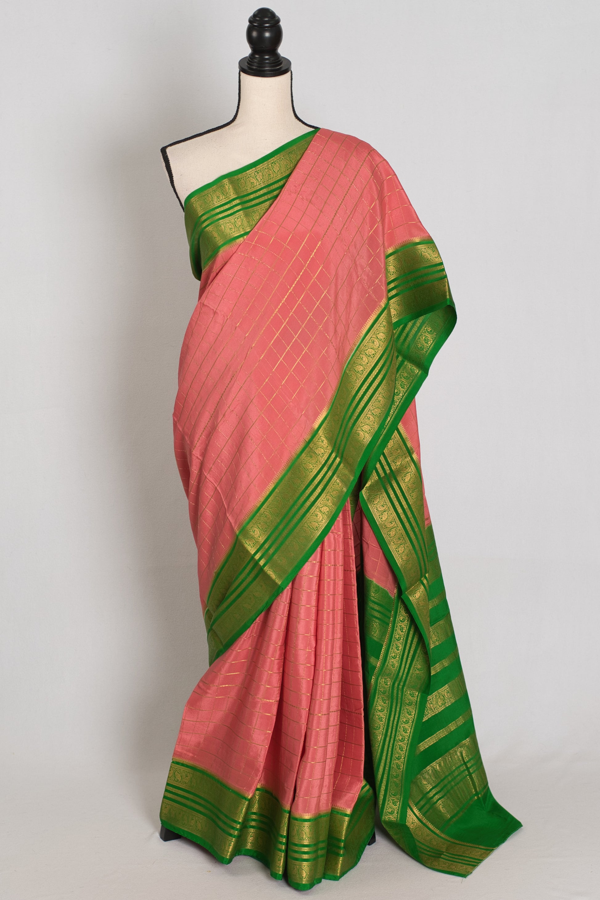 Padmini : Peach & Green Premium Mysore Silk Saree | Silk Mark Certified image 0