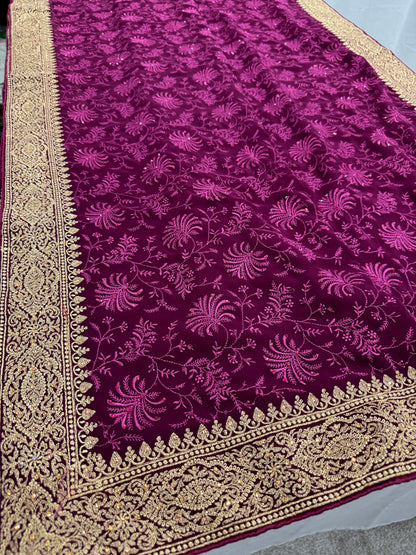 Ishq | Wine Georgette Partywear Saree | Trending Bollywood Floral Embroidery image 0