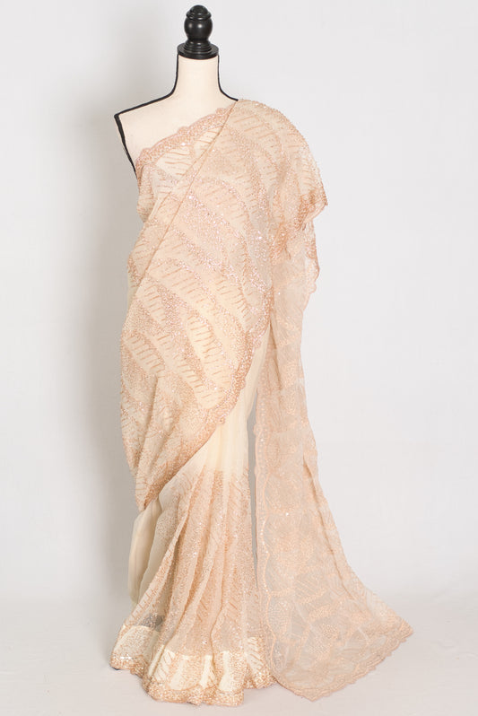 Sia | Cream and Gold Soft Organza Saree | Summer Wedding & Cocktail Partywear image 0