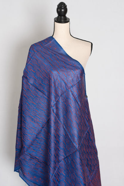 Bengal Kantha Stitch Red Threadwork Blue Tussar Silk Dupatta & Shawl | Mita image 1