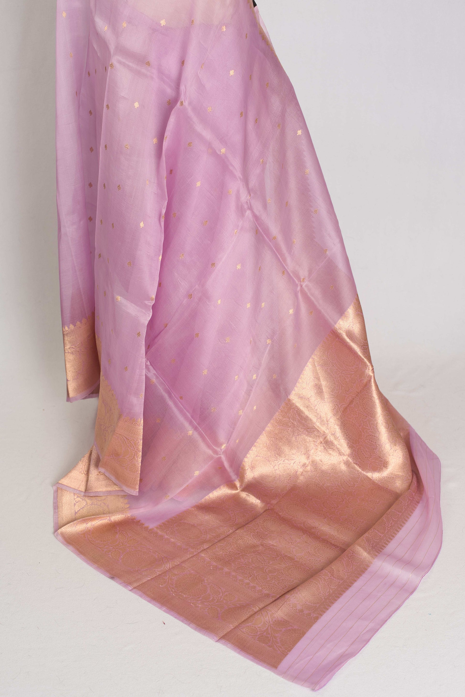 Afrin : Silk Mark Certified Mauve Kora Organza Banarasi Saree with Golden Zari image 3