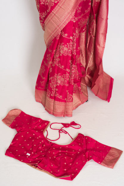 Siri: Rani Pink Semi Georgette Banarasi Saree with 42 Size Blouse image 2