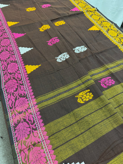 Mridula: Brown Dhaniakhali Classic Bengali Cotton Saree with Ganga Jamuna Border image 1