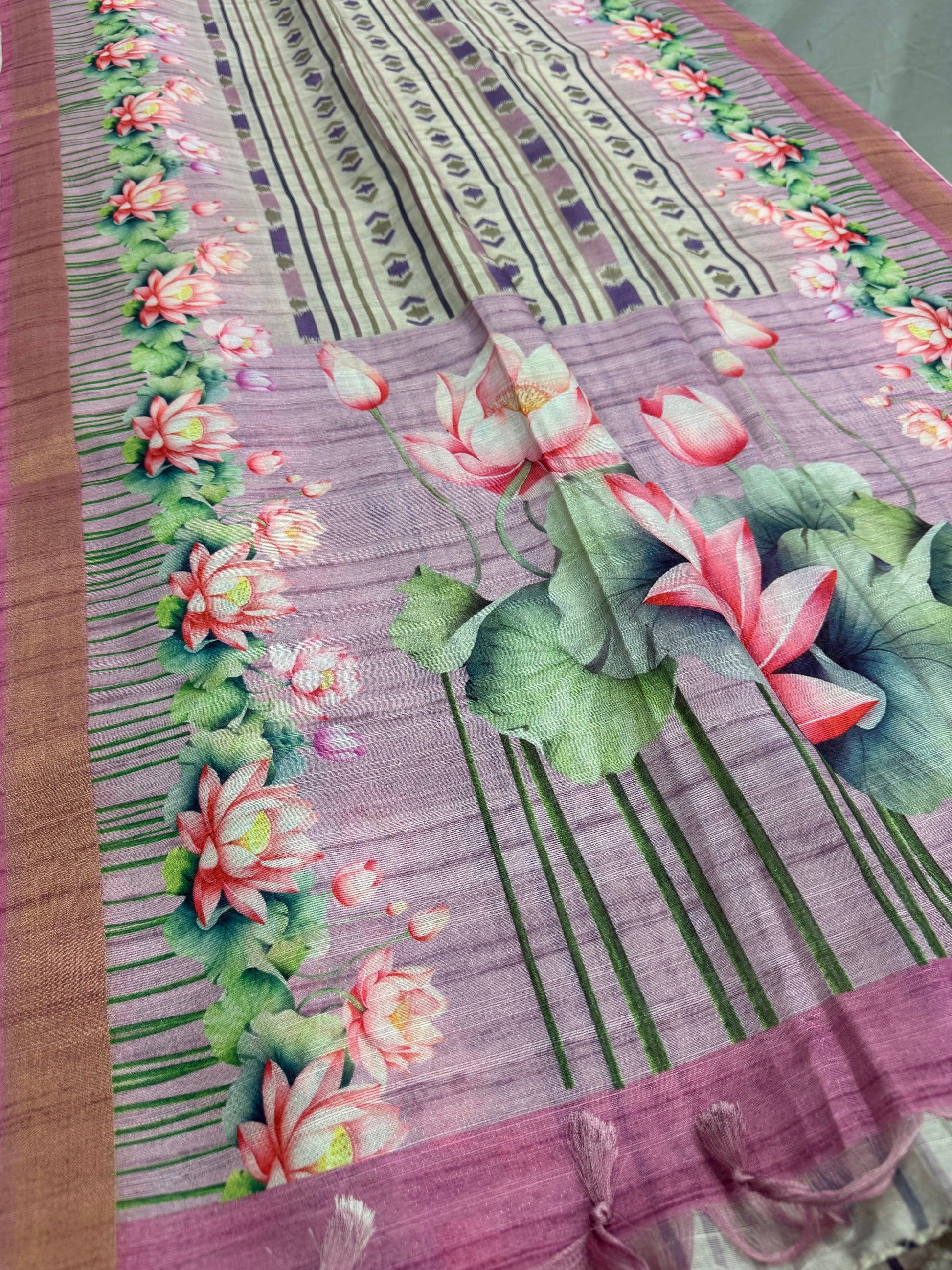 Rai | Off White & Lavender Ikkat Fusion Semi Tussar Saree image 2