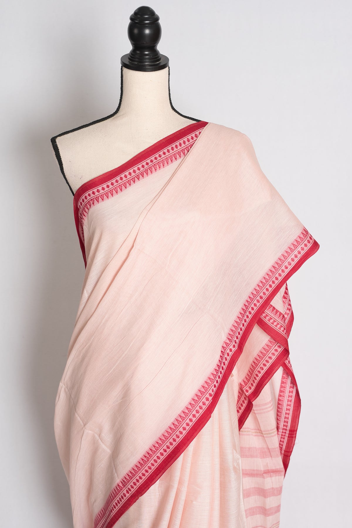 Lakshmi: Light Pinkish White Soft Dhaniakhali Cotton Saree with Red Border image 2