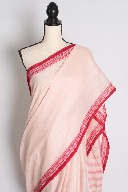 Lakshmi: Light Pinkish White Soft Dhaniakhali Cotton Saree with Red Border image 2