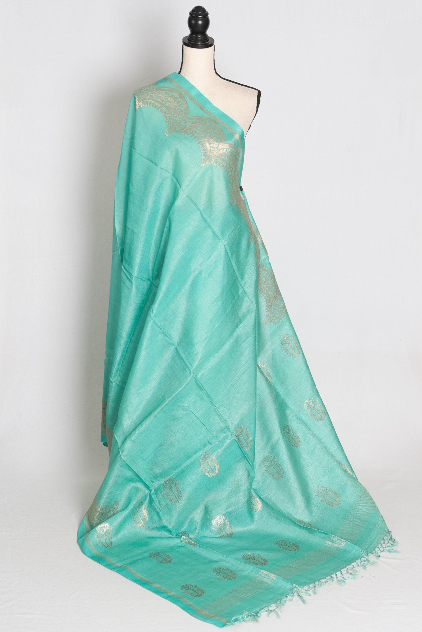 Mani : Sea Green & Gold Bengal Tussar Silk Saree with 36 Size Stitched Blouse image 3
